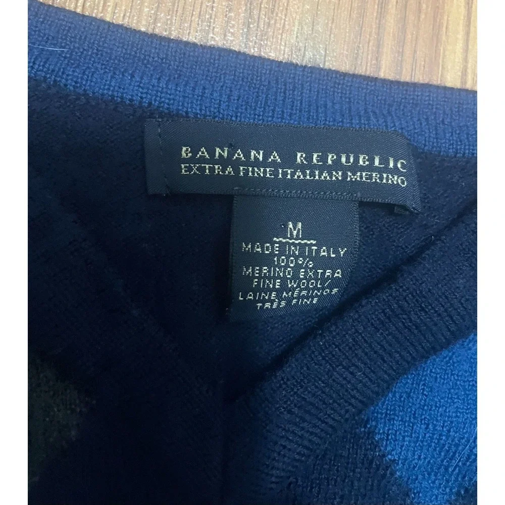Banana Republic Sweater Mens Medium Italian Merino Argyle V Neck Navy